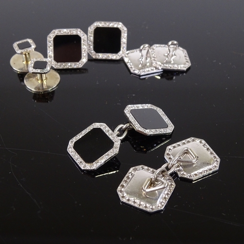 454 - An Art Deco unmarked white metal onyx and diamond dress set, comprising a pair of cufflinks, a pair ... 