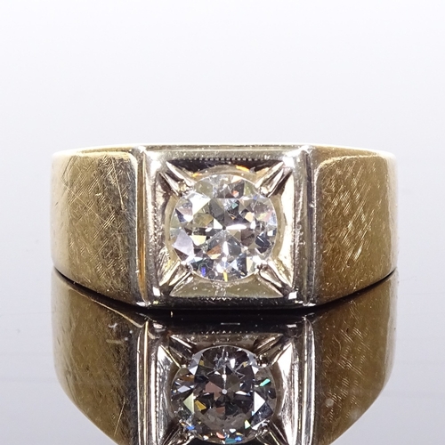 496 - A 14ct gold 0.85ct solitaire diamond gypsy ring, setting height 9.6mm, size S, 6.4g