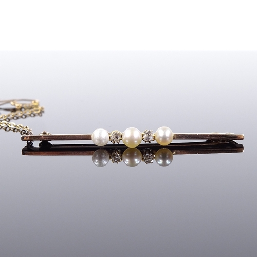 509 - A 9ct gold 5-stone pearl and diamond bar brooch, maker's marks PP Ltd, brooch length 51mm, 3.3g