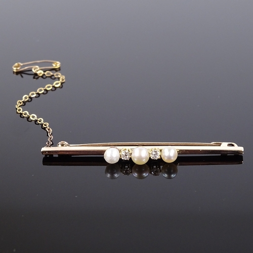 509 - A 9ct gold 5-stone pearl and diamond bar brooch, maker's marks PP Ltd, brooch length 51mm, 3.3g