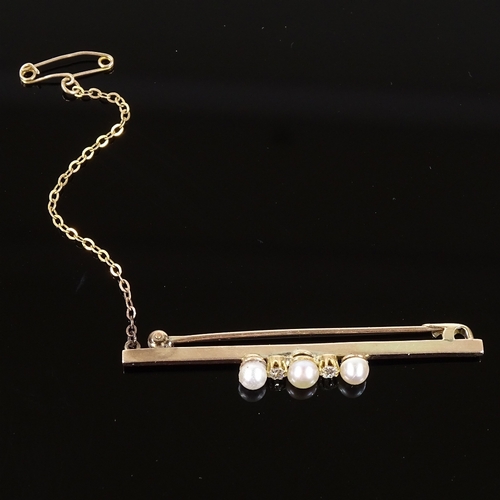 509 - A 9ct gold 5-stone pearl and diamond bar brooch, maker's marks PP Ltd, brooch length 51mm, 3.3g