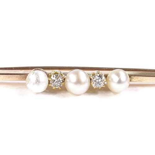 509 - A 9ct gold 5-stone pearl and diamond bar brooch, maker's marks PP Ltd, brooch length 51mm, 3.3g