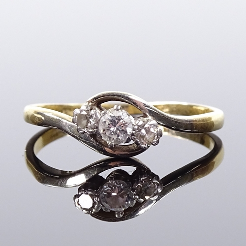 519 - An 18ct gold 3-stone diamond crossover ring, total diamond content approx 0.2ct, setting height 6.2m... 