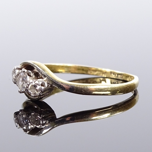 519 - An 18ct gold 3-stone diamond crossover ring, total diamond content approx 0.2ct, setting height 6.2m... 