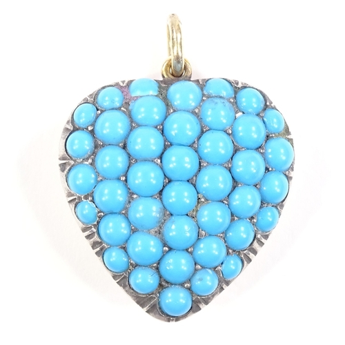 520 - An unmarked gold blue stone pave-set heart pendant, height excluding bale 27.7mm, 9g