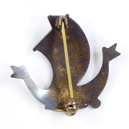 524 - An Aksel Holmsen Norwegian sterling silver gilt and coloured enamel viking ship brooch, height 30.8m... 