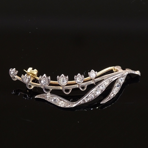 526 - A Victorian unmarked gold diamond floral spray brooch, brooch length 44mm, 3.3g