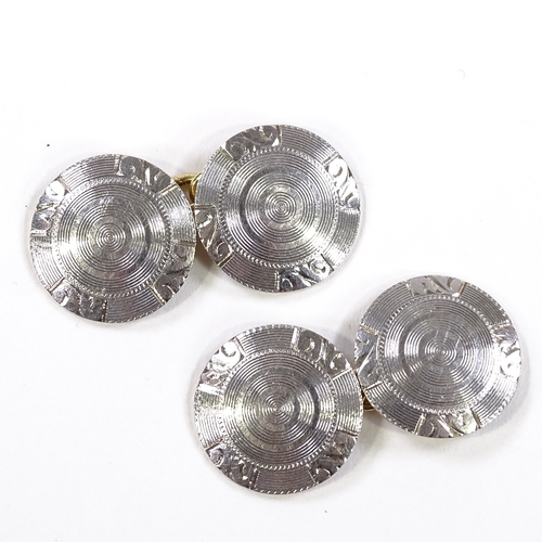 527 - A pair of 14ct gold circular disc cufflinks, platinum-topped engine turned settings, panel diameter ... 