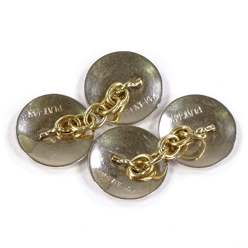 527 - A pair of 14ct gold circular disc cufflinks, platinum-topped engine turned settings, panel diameter ... 