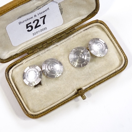 527 - A pair of 14ct gold circular disc cufflinks, platinum-topped engine turned settings, panel diameter ... 