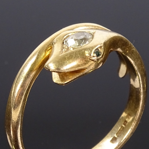 530 - An 18ct gold diamond and emerald figural snake/serpent ring, with pear-cut diamond set head, maker's... 