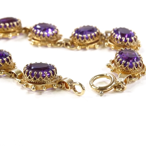 532 - A 14ct gold amethyst bracelet, pierced panel settings, bracelet length 17.5cm, 16.7g