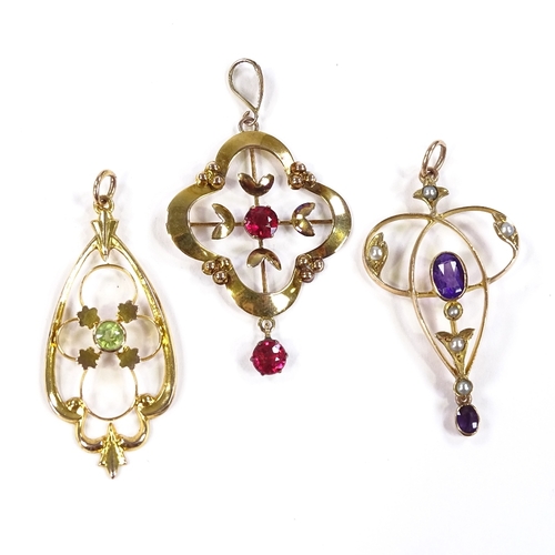 533 - 3 Edwardian 9ct gold stone set pendants, openwork Art Nouveau settings, largest height excluding bal... 