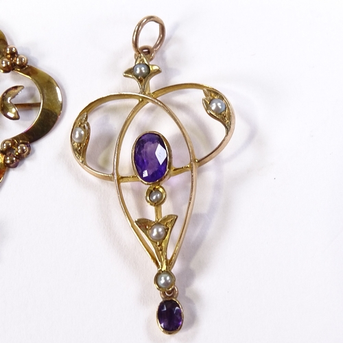 533 - 3 Edwardian 9ct gold stone set pendants, openwork Art Nouveau settings, largest height excluding bal... 