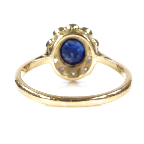 555 - An 18ct gold sapphire and diamond cluster flowerhead ring, setting height 10.8mm, size N, 2.7g