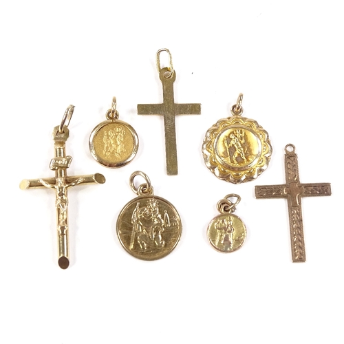 558 - Various 9ct gold St Christopher pendants and crosses, including 1 by Georg Jensen, largest cross hei... 