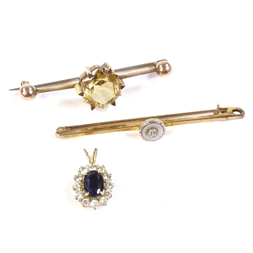 560 - An unmarked gold diamond and mother-of-pearl bar brooch, 9ct citrine bar brooch, and a 9ct sapphire ... 