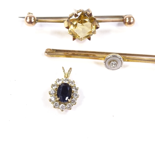 560 - An unmarked gold diamond and mother-of-pearl bar brooch, 9ct citrine bar brooch, and a 9ct sapphire ... 