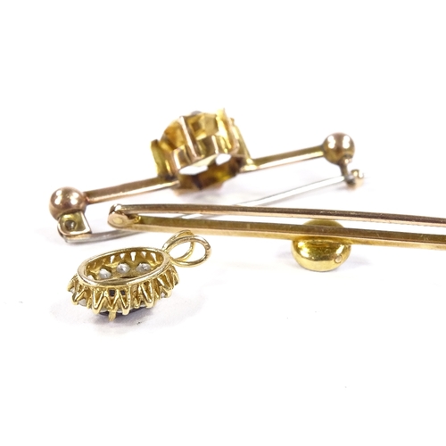 560 - An unmarked gold diamond and mother-of-pearl bar brooch, 9ct citrine bar brooch, and a 9ct sapphire ... 