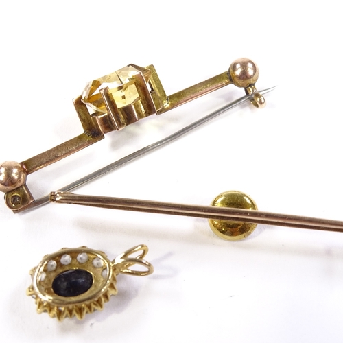 560 - An unmarked gold diamond and mother-of-pearl bar brooch, 9ct citrine bar brooch, and a 9ct sapphire ... 