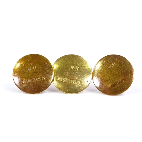 562 - A set of 3 15ct gold pearl dress studs, maker's marks WR, hallmarks probably Birmingham 1895, disc d... 