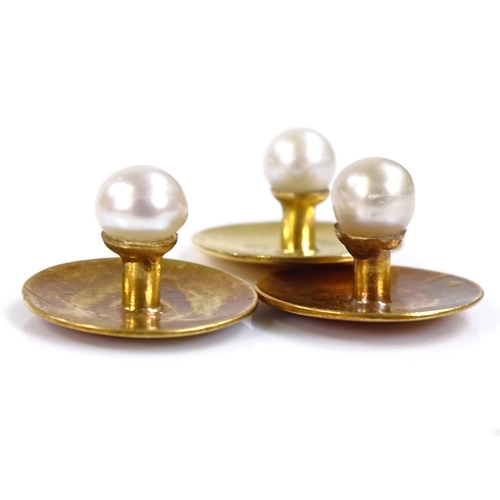 562 - A set of 3 15ct gold pearl dress studs, maker's marks WR, hallmarks probably Birmingham 1895, disc d... 