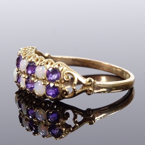 567 - A 9ct gold opal and amethyst double-row half-hoop ring, with openwork shoulders and bridge, maker's ... 