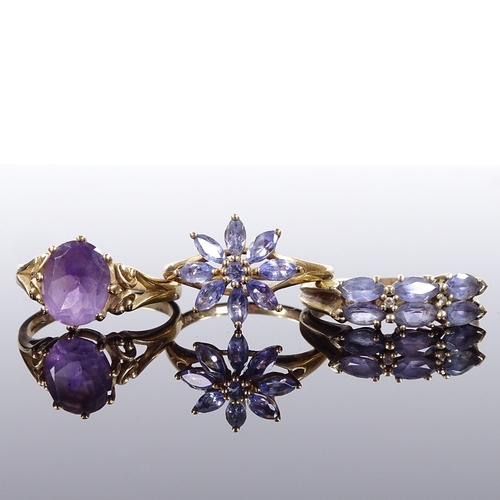 568 - 3 9ct gold stone set rings, including amethyst, all approx size T, 9.3g total (3)