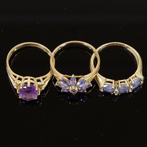 568 - 3 9ct gold stone set rings, including amethyst, all approx size T, 9.3g total (3)