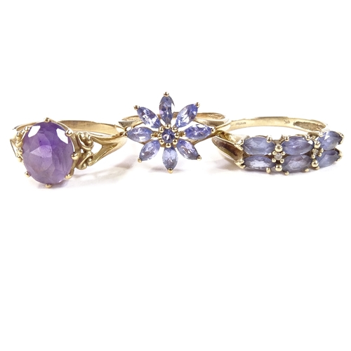 568 - 3 9ct gold stone set rings, including amethyst, all approx size T, 9.3g total (3)