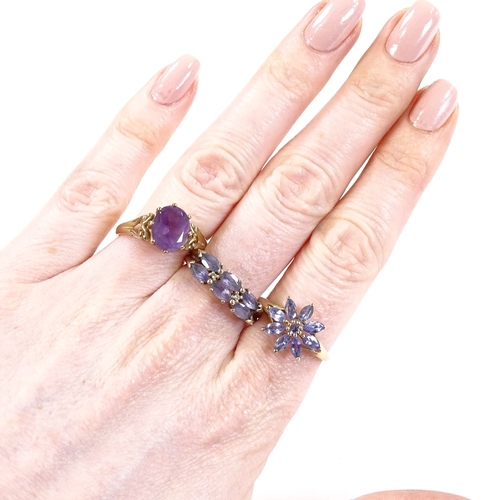 568 - 3 9ct gold stone set rings, including amethyst, all approx size T, 9.3g total (3)