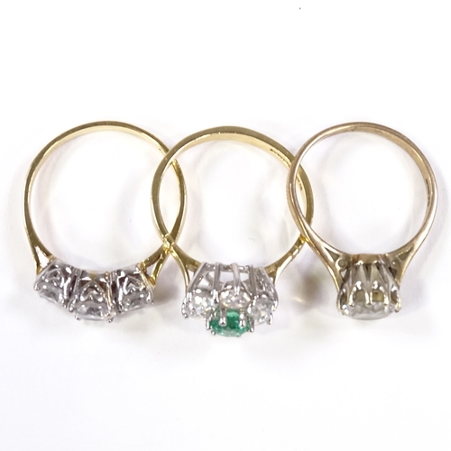 570 - 2 14ct stone set cluster rings, 7g, and a 9ct stone set ring, 2.7g (3)