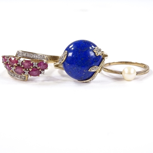 571 - 3 9ct gold stone set rings, including lapis lazuli, 7.9g total (3)