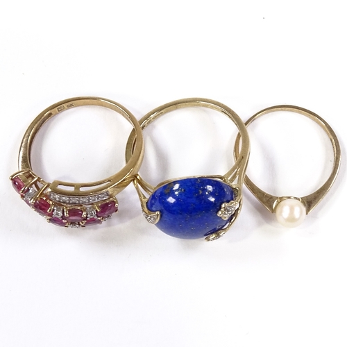 571 - 3 9ct gold stone set rings, including lapis lazuli, 7.9g total (3)