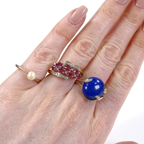 571 - 3 9ct gold stone set rings, including lapis lazuli, 7.9g total (3)