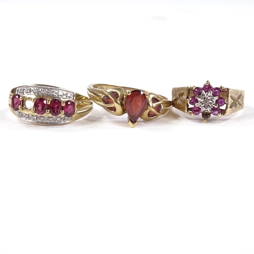 572 - 3 9ct gold stone set rings, including garnet, 8.7g total (3)