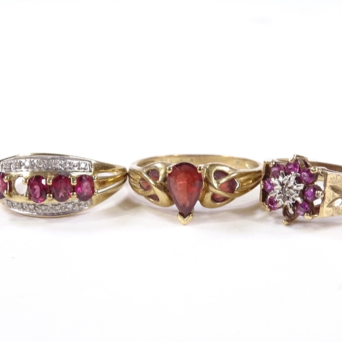 572 - 3 9ct gold stone set rings, including garnet, 8.7g total (3)