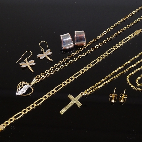 576 - WITHDRAWN Various 9ct gold jewellery, including figaro bracelet and crucifix pendant necklace, 12.5g... 