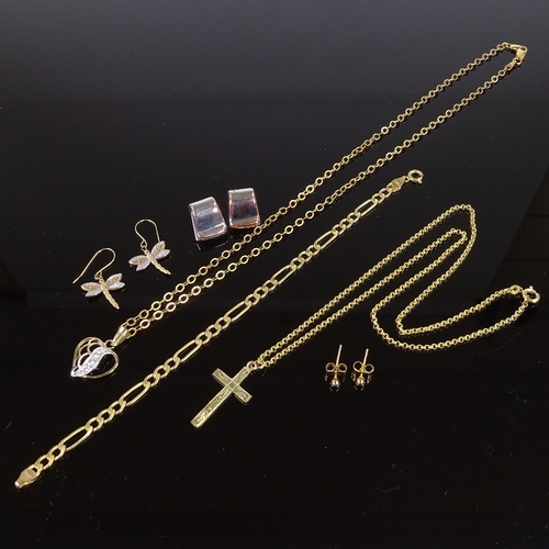 576 - WITHDRAWN Various 9ct gold jewellery, including figaro bracelet and crucifix pendant necklace, 12.5g... 