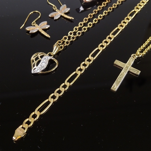 576 - WITHDRAWN Various 9ct gold jewellery, including figaro bracelet and crucifix pendant necklace, 12.5g... 