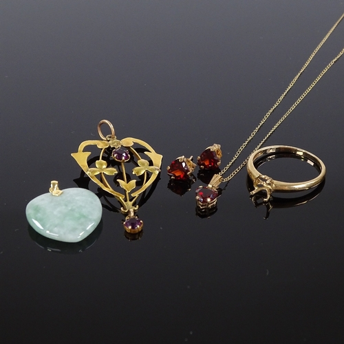 578 - Various gold jewellery, including Edwardian Art Nouveau pendant and 9ct ring mount, 9.5g total