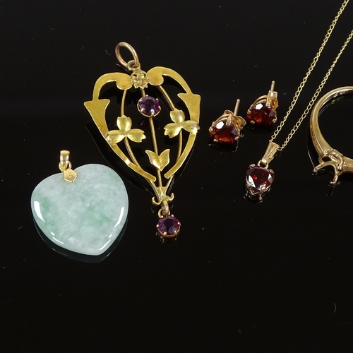 578 - Various gold jewellery, including Edwardian Art Nouveau pendant and 9ct ring mount, 9.5g total