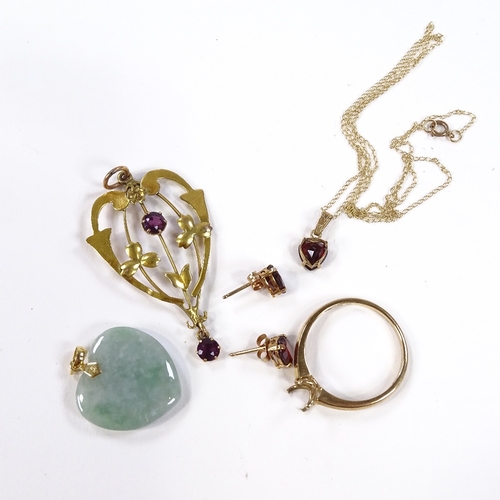 578 - Various gold jewellery, including Edwardian Art Nouveau pendant and 9ct ring mount, 9.5g total