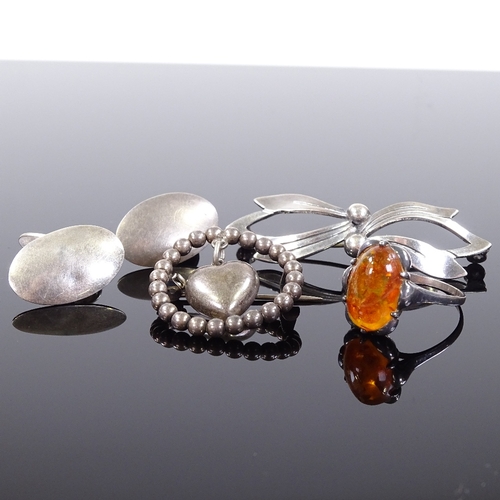 583 - Various silver jewellery, comprising N.E. From Danish sterling ribbon brooch and cufflinks, amber ri... 