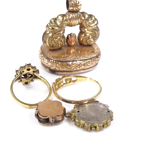 592 - Various jewellery, including a large gold plated carnelian fob seal, garnet ring, etc. (5)