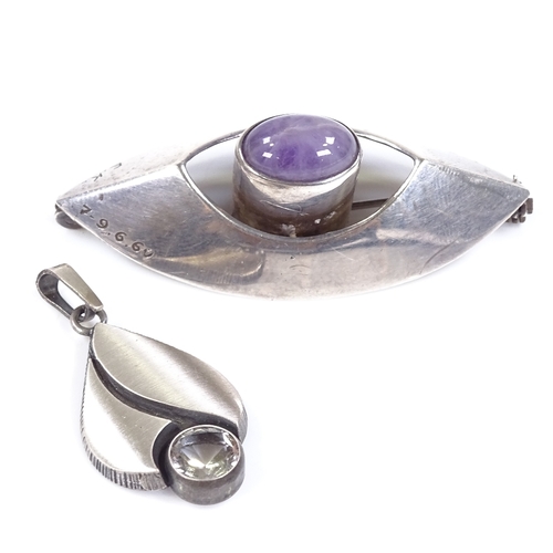 595 - A Holger Lindstrom Finnish silver and amethyst marquise brooch, stylised form, maker's marks HGL, ha... 