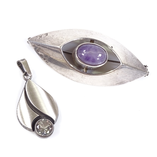 595 - A Holger Lindstrom Finnish silver and amethyst marquise brooch, stylised form, maker's marks HGL, ha... 