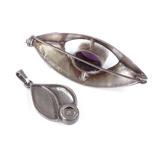 595 - A Holger Lindstrom Finnish silver and amethyst marquise brooch, stylised form, maker's marks HGL, ha... 