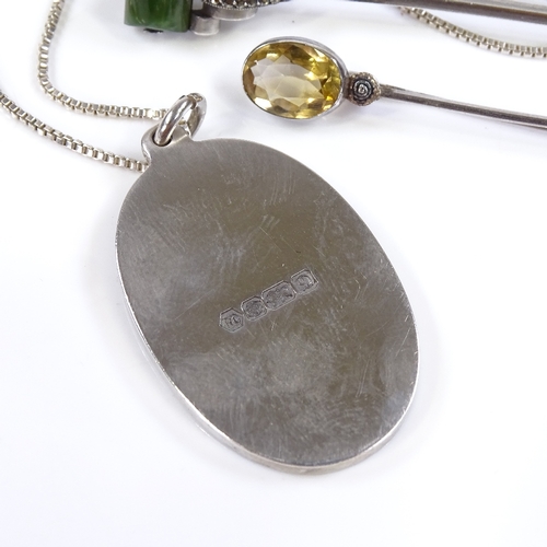 596 - A Carrs of Sheffield silver pendant necklace, pendant height 40mm, and 2 stone set silver bar brooch... 