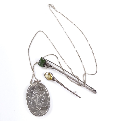 596 - A Carrs of Sheffield silver pendant necklace, pendant height 40mm, and 2 stone set silver bar brooch... 